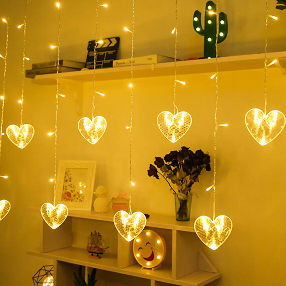 

Love Heart Shaped 96 LED Fairy Lights Waterproof Curtain Lamp Garland Valentines Day Wedding Party Bedroom Decor