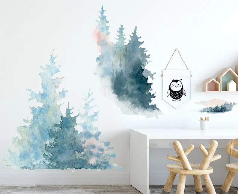 

Watercolor Pine Forest Wall Decals Trees Fabric Nursery Woodland Decal Set, Peel and Stick 10 Decals included #3082