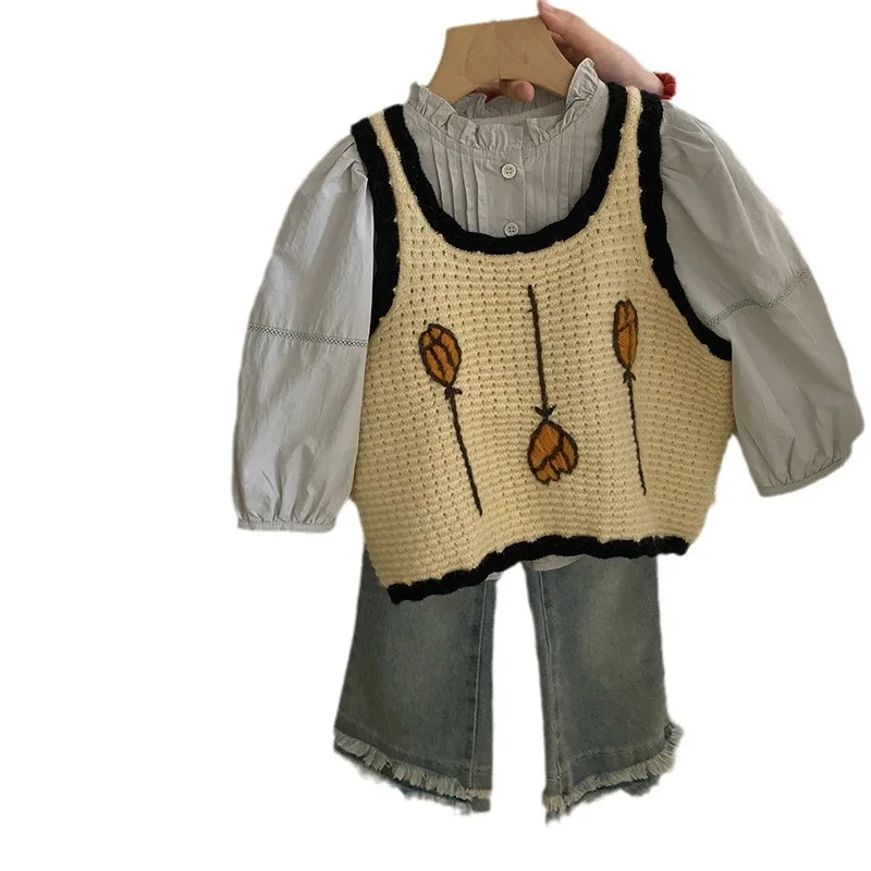 Жилет на бретельках рубашка штаны джинсы корейский стиль для девушек с цветами