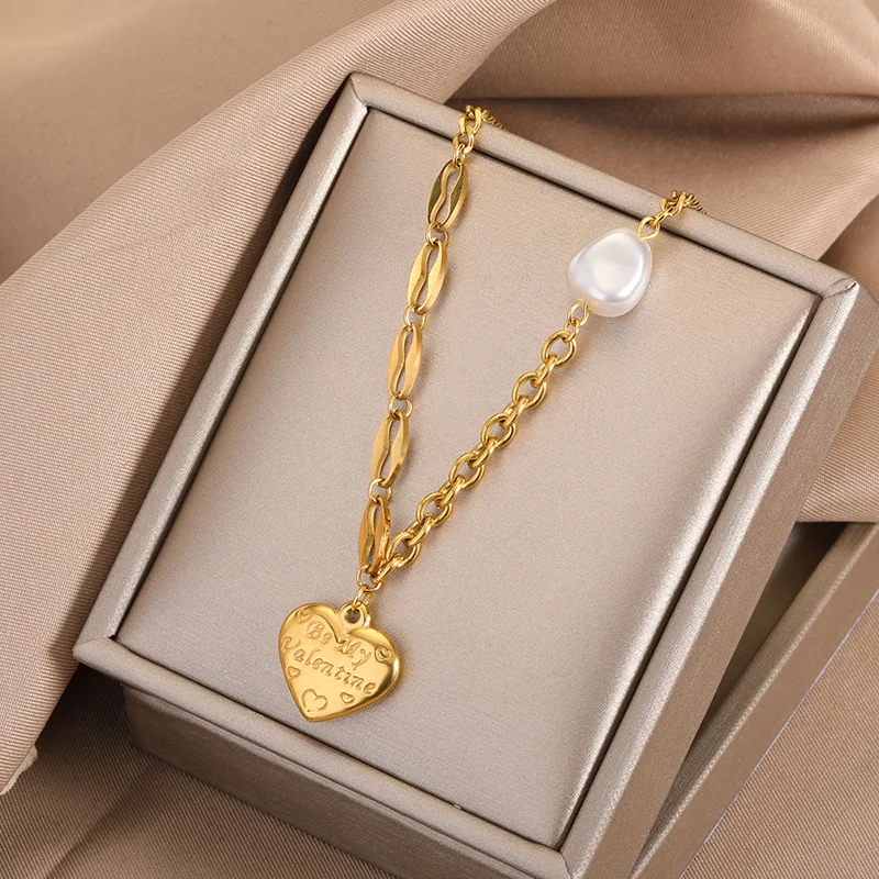 

Stainless Steel Gold Color Love Heart Necklaces For Women Men Choker Pearl Necklace Fashion Pearl Jewelry Party Gifts For Couple
