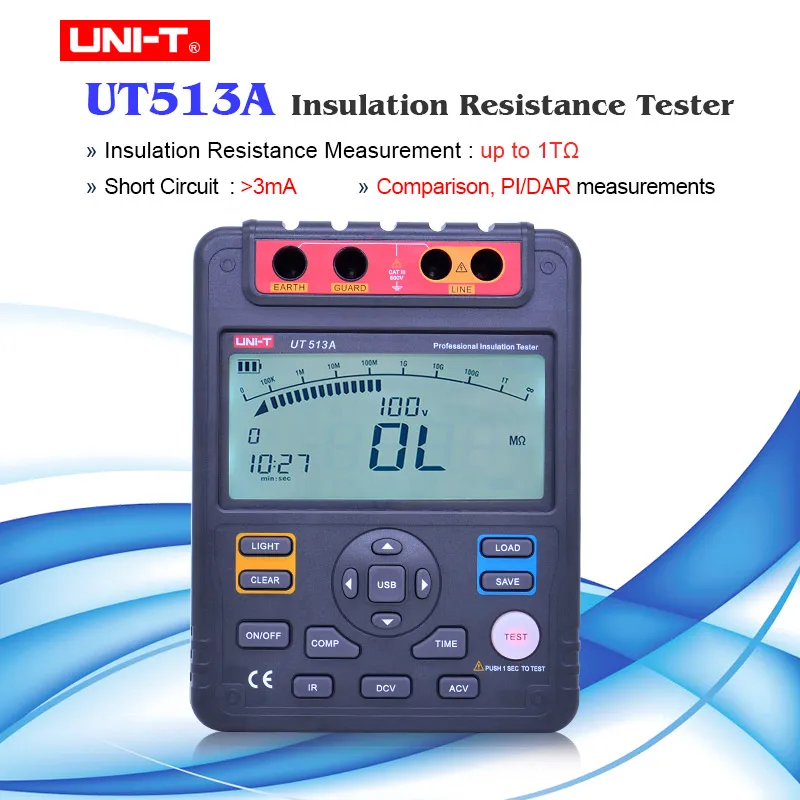 

UNI-T UT513A Insulation Resistance Tester Megohmmeter Voltmeter 5000V 1000G ohm w/USB Interface Earth Ground Meter