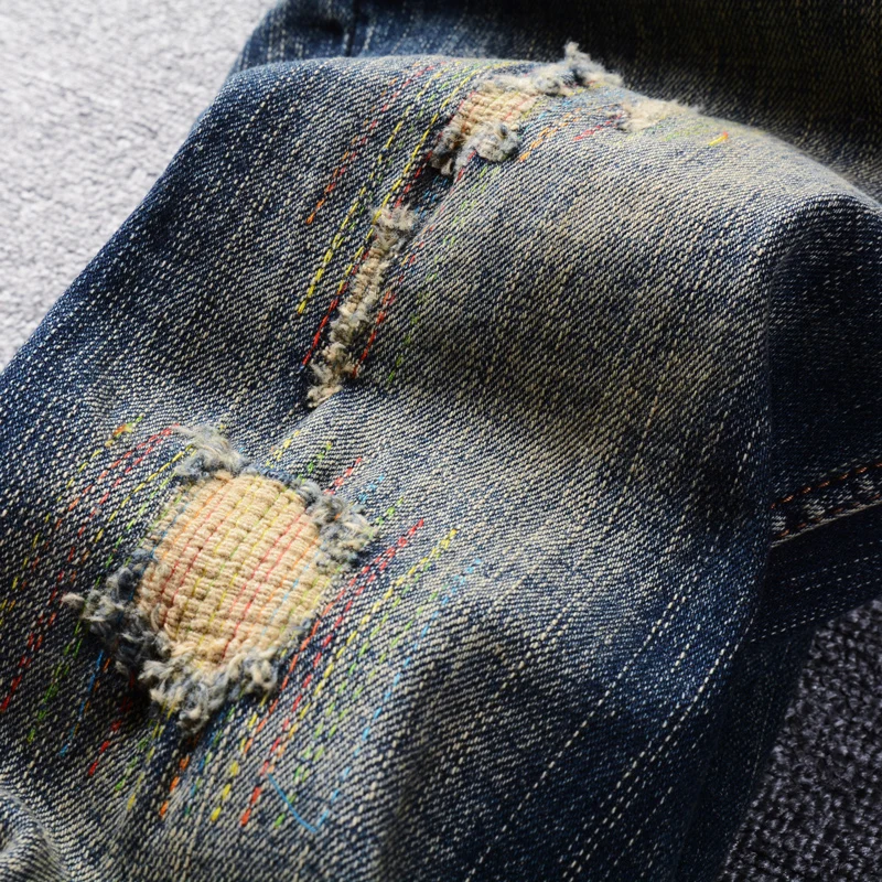 Fashion Trendy Men Jeans Retro Black Blue Elastic Stretch Slim Fit Ripped Jeans Homme Embroidery Patched Vintage Denim Pants Men