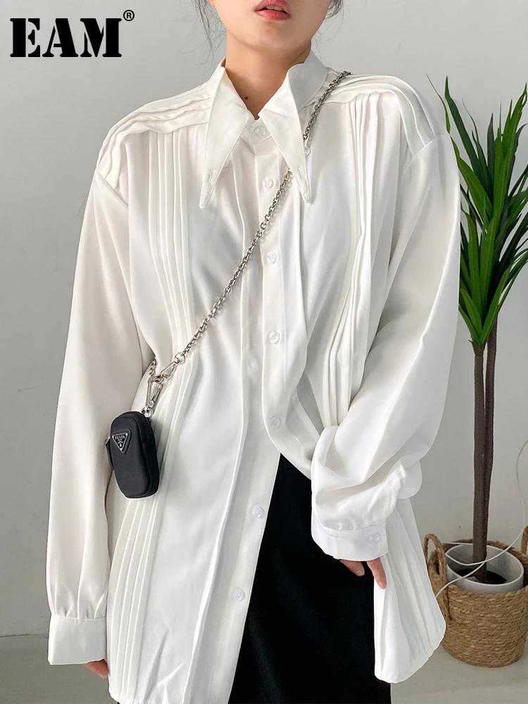 

[EAM] Women White Pleated Big Size Elegant Blouse New Lapel Long Sleeve Loose Fit Shirt Fashion Tide Spring Autumn 2023 1DF0359