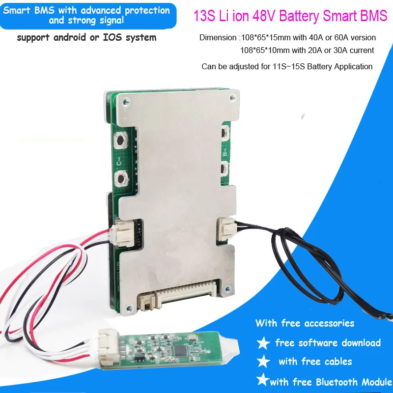 13S 48V  li ion Smart Bluetooth BMS with 20 to 60A constant current 54.6V Software PCB board for e-bike battery or Power Battery