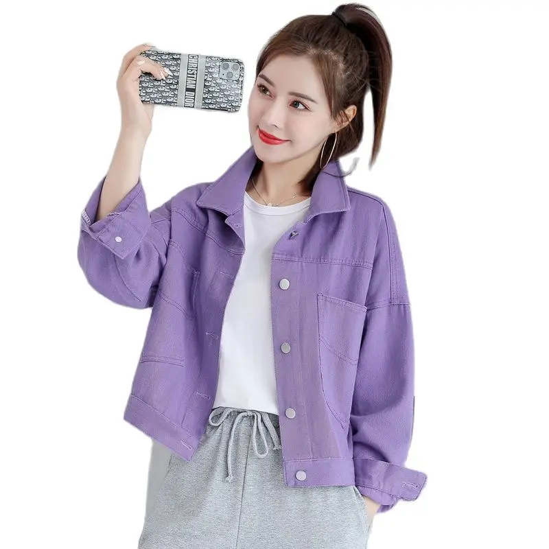 

Куртка джинсовая женская короткая свободного покроя, модная повседневная верхняя одежда из денима, тонкий Пурпурный Розовый, весна-осень 2022