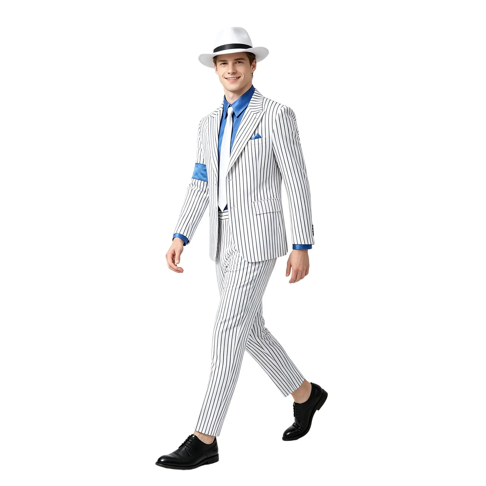 Фото Модный костюм для косплея Майкла Джексона MJ BAD Smooth Criminal, белый костюм с полосками, брюки, шляпа, унисекс, наряд для Хэллоуина и карнавала. №3