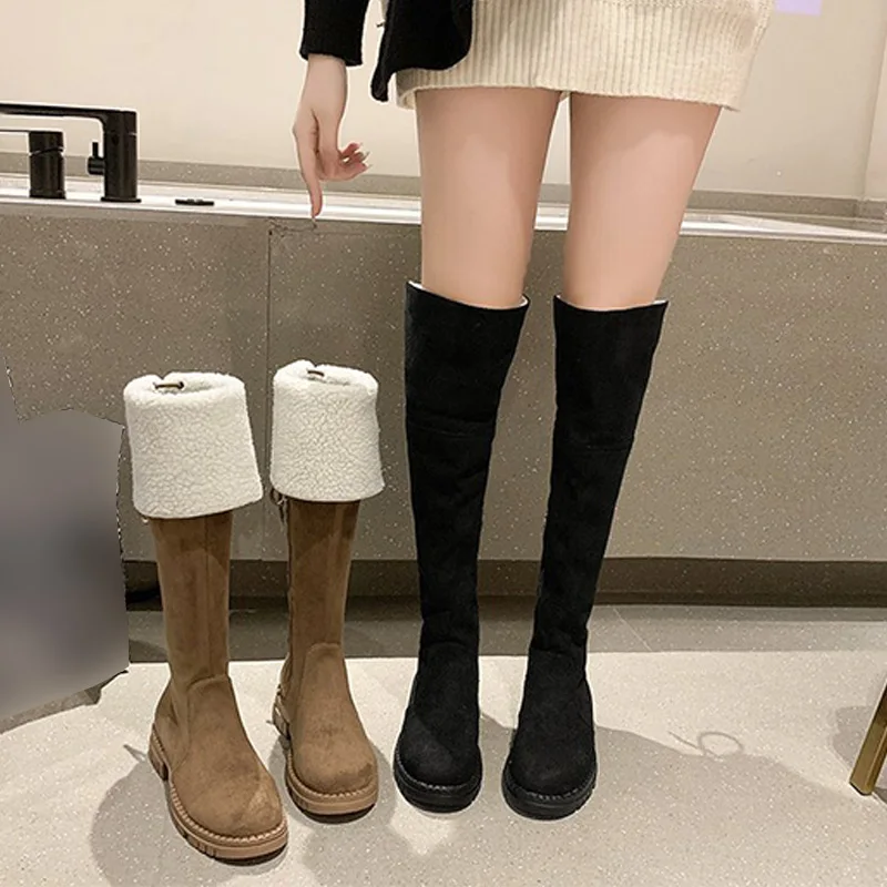 

Luxury Thin leg over-the-knee chelsea botas woman zip thick heels stretch botte turned-over edge wool fur winter boots women2023