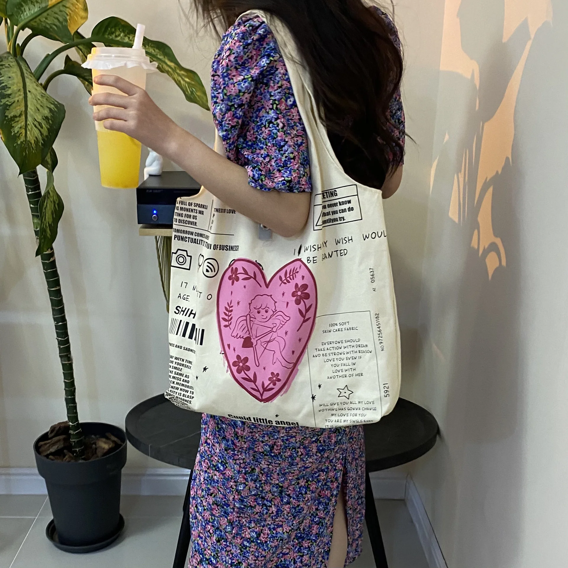 

Cupid Women Canvas Shoulder Bags Girls Cotton Cloth Shopping Bag Eco Handbag Student Books Bag Ladies Big Grocery Shopper Tote
