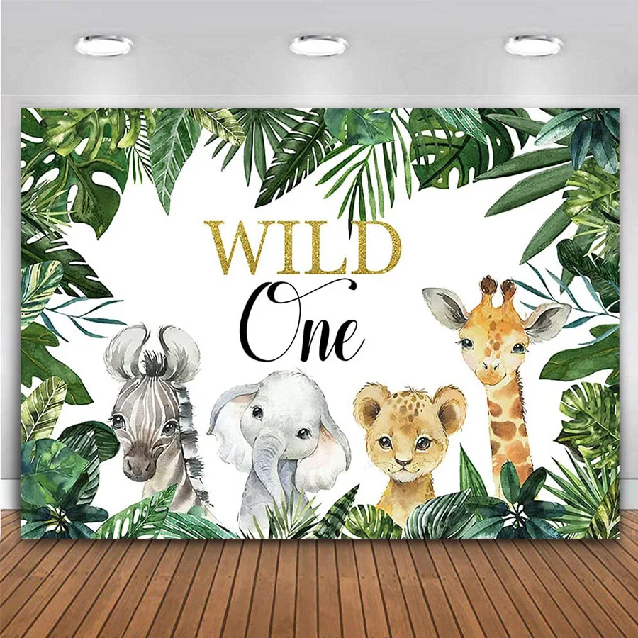 

Safari Animal Wild One Backdrop First Bday Background Forest Jungle Green Leaves for Boy 1st Birthday Party Banner Photo Booth