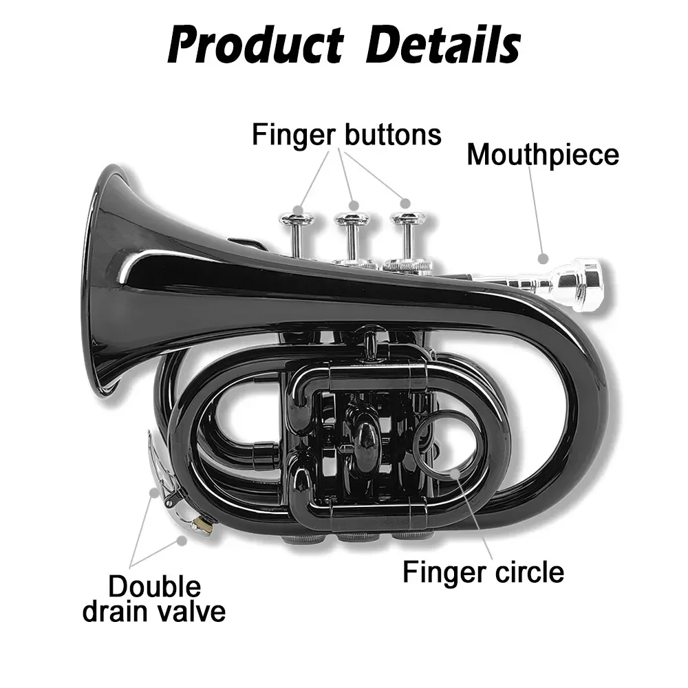 yinfente black Bb Brass Pocket Trumpet with Case Mouthpiece Cleaning Cloth Gift Kit Nice