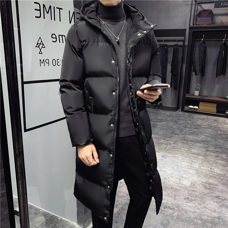 Winter Korean Windbreaker Hooded Padded Jacket for Men Long Knee Length Coat Parkas Thicken Warm Slim Fit Outerwear Plus Size