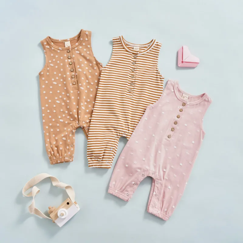 

Baby Girl's Sleeveless Jumpsuit Flower/Stripes/Love Pattern Printing Bottom Snap Romper