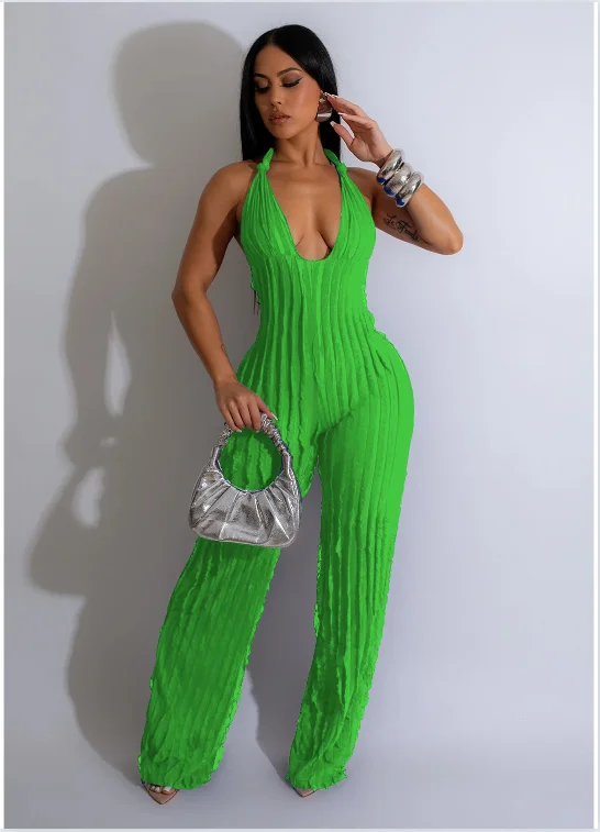 Модный женский комбинезон с оборками глубоким V-образным вырезом открытой спиной