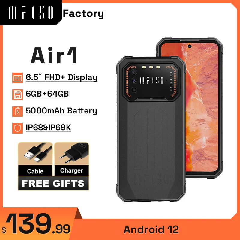 IIIF150 Air1 6.5‘’ FHD+ Rugged Phone IP68&IP69K 6GB +64GB Octa Core Cellphone 20MP Camera Android 12 OS 5000mAh Smartphone NFC