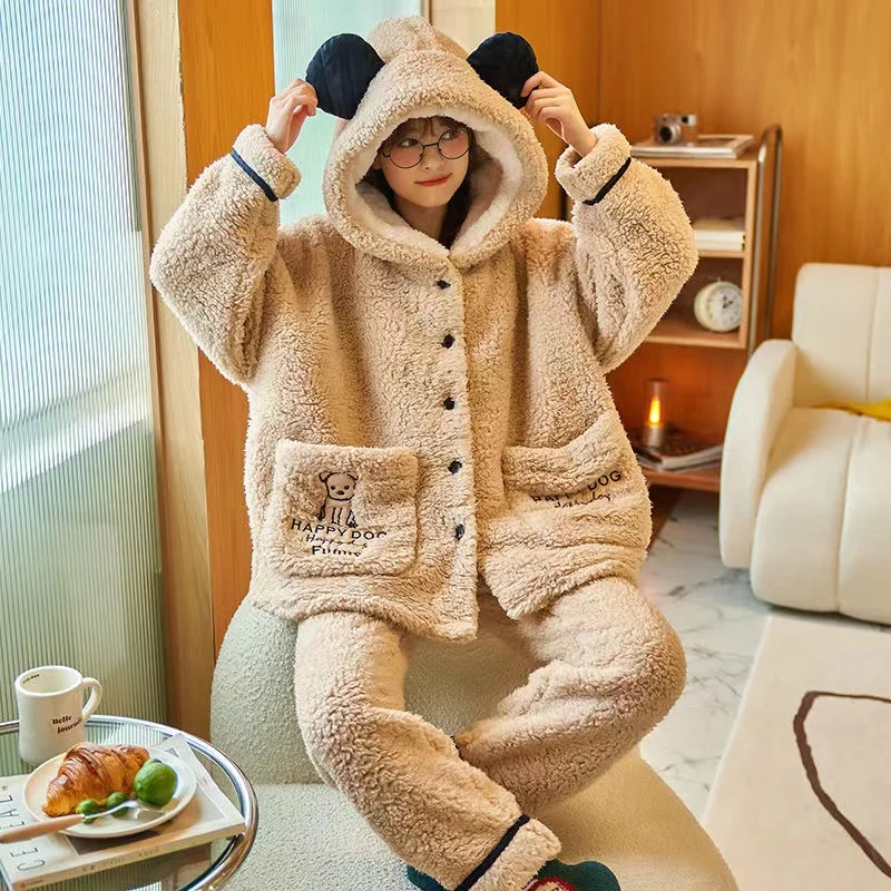 Winter Flannel Pajamas Sets For Women Coral Fleece Thick Warm Sweet Cute Loungewear Home Clothes 2 Piece/Set Sleepwear