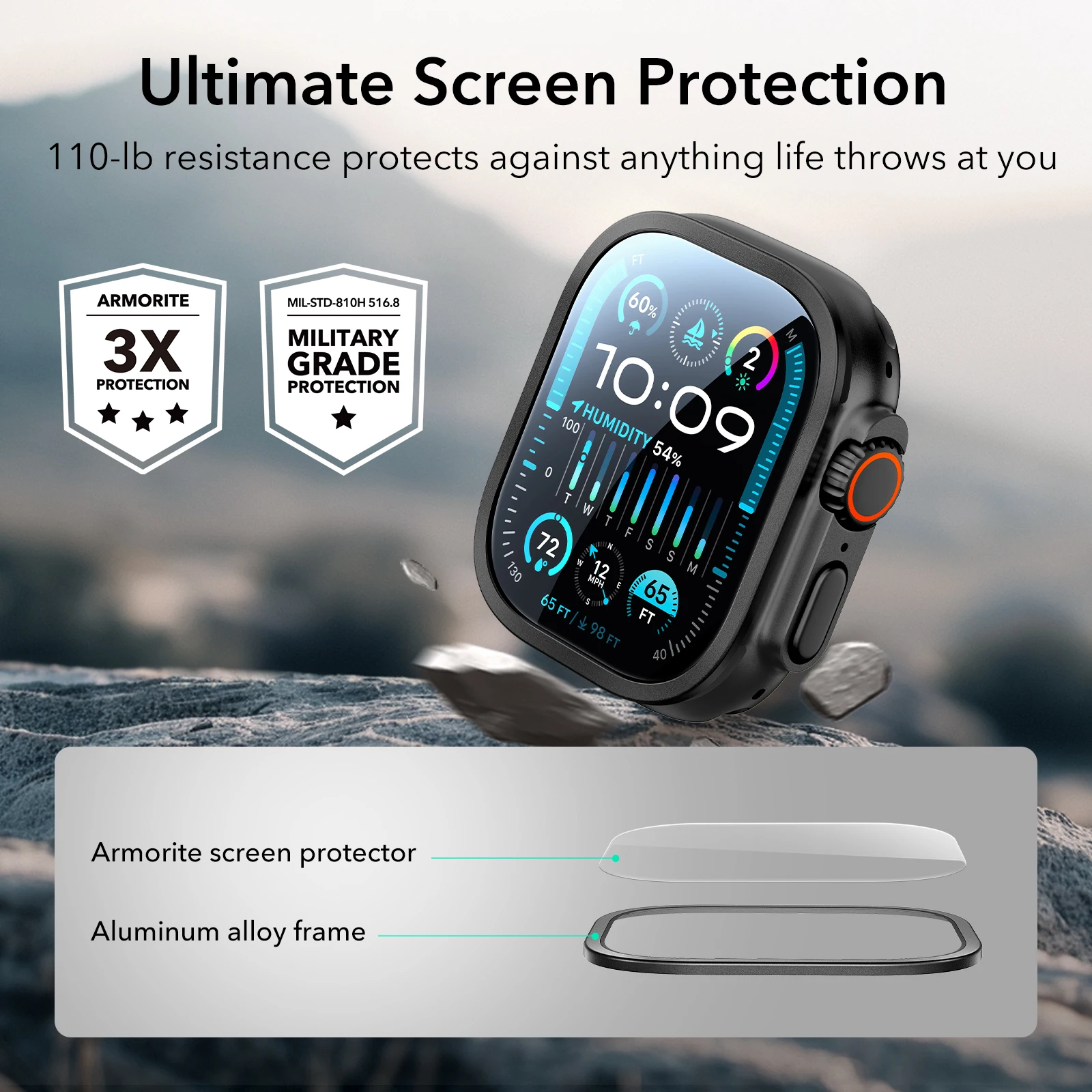 Фото Защитное стекло ESR для Apple Watch Ultra 2/Ultra (2025/2024/2023/2022) 49 мм, 2 шт., военный стандарт защиты, закаленное стекло №5