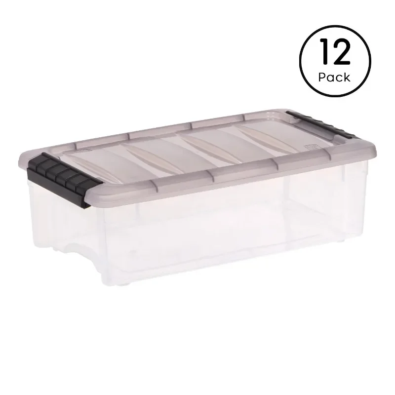 

5 Quart Stack & Pull Clear Plastic Storage Box with Buckles, Gray, Set of 12