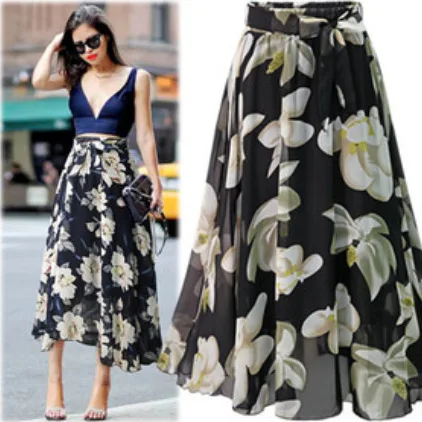 Women Summer Skirts floral print chiffon long Large Casual Ankle length skirt 2022 summer cheap clothing china JQMY8505