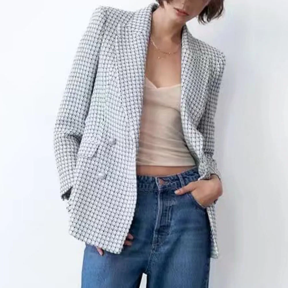 

ZATRHMBM 2022 spring and summer new women's lapel long-sleeved high street fashion chic double-breasted textured suit jacket