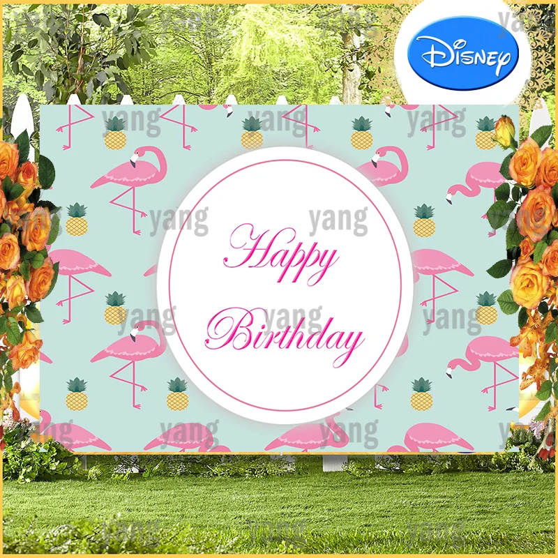 

Pink Flamingo Customize Happy Birthday Backdrop Cute Newborn Girls Forest Green Leaves Background for Photo Pineapple Decoration