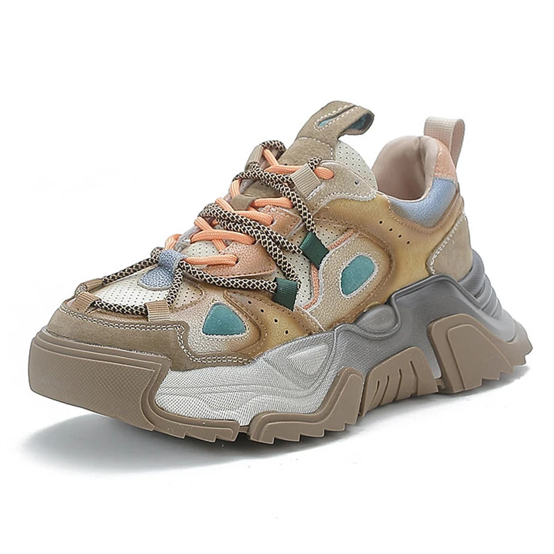 

Shoes For Women 2023 New In Genuine Leather Mixed-Color Fashion Spring Casual Sneakers Ladies Breathable Thick Sole Sports Shoes