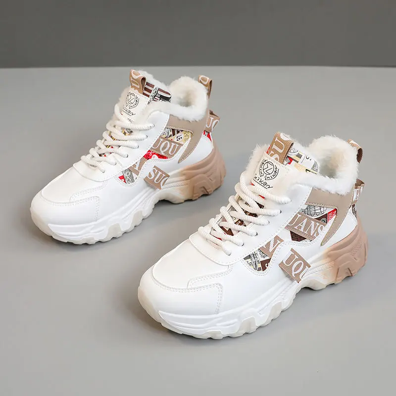 Зимние кроссовки для женщин модные спортивные на меху дизайнерская обувь с