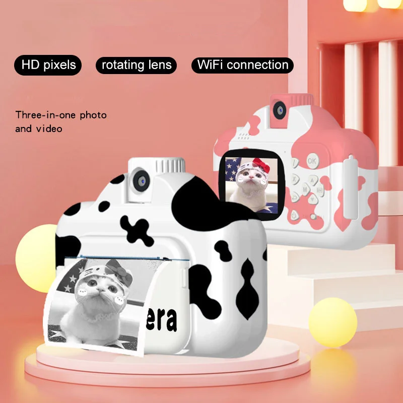 

Instant Print Camera Cartoon Cow Thermal Printer 1080P HD WiFi Video Digital Camera Toys Child Birthday Gift Kid Camera