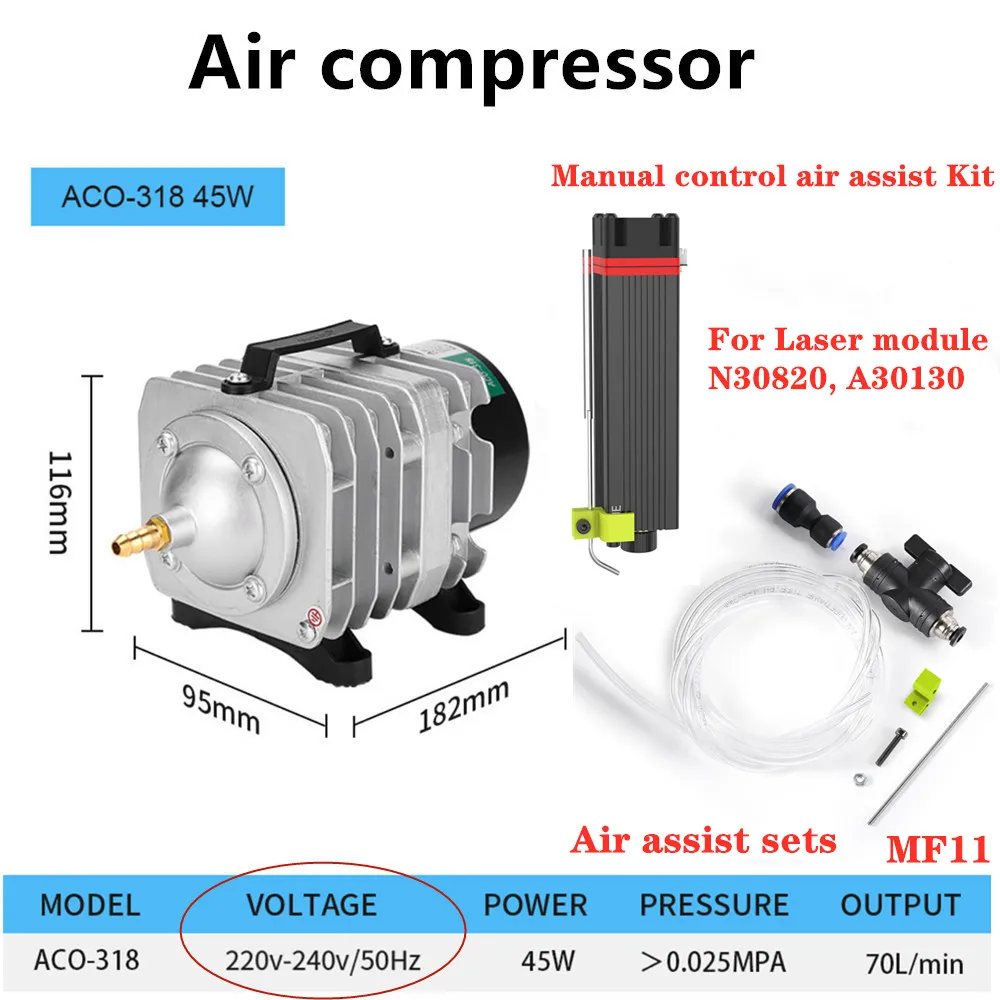 

NEJE 220V 45W Air Compressor for Aquarium Accessories MF15 MF8 MF11 Manual control air assist kit for neje laser module