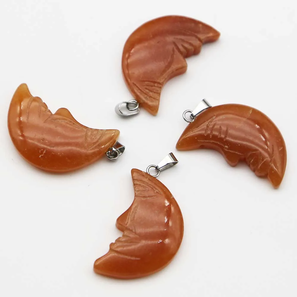 High Quality Natural Stone Carved Moon Face Pendants Fashion Charms Mineral Healing Necklaces Jewelry Accessories Wholesale 8Pcs