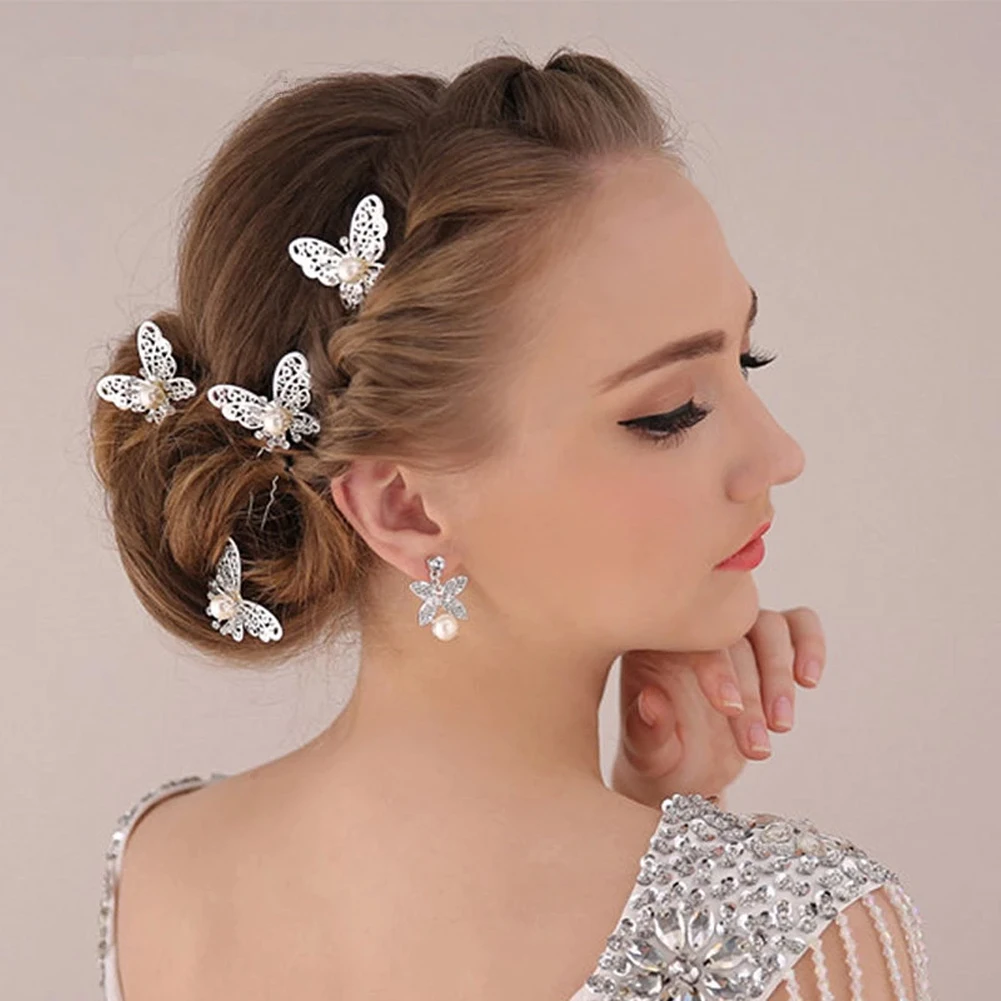 

2022 New Ethnic Style Metal Hollow Butterfly Hair Fork U-shaped Clip Diamond-Studded Pearl Hairpin Bridal Disc Hairpin Headdress