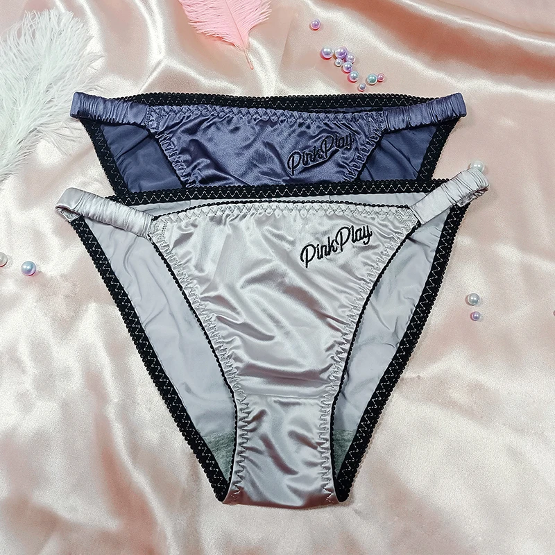 

Sexy Girl Thongs Women Glossy Underwear Panty Low Waist Solid Color Satin Fabric Briefs Embroidery Fitness Sports Underpants