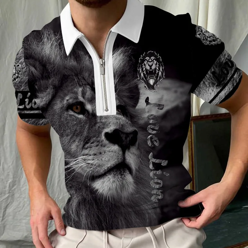 Fashion zipper polo shirt 3D digital printing loose short-sleeved European size quick-drying collar T-shirt lone wolf men's top