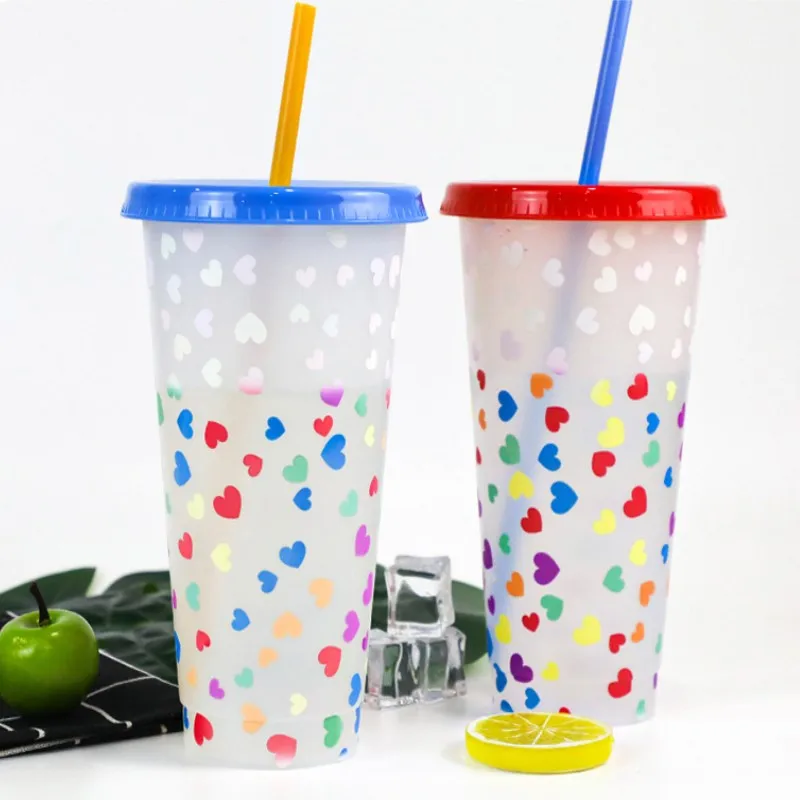 

Color Changing Cups With Lids And Straws Reusable BPA Free Cold Drink Cups Heart Shape Pattern For Kids Free Shipping Item
