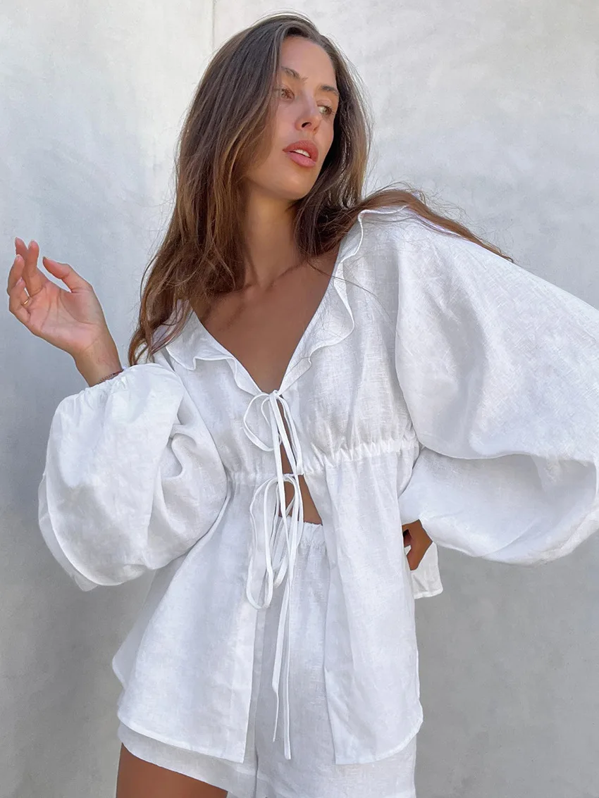 

Jastie Summer Cotton Linen Puff Sleeve Shirt Suit Women White V-neck Ruffles Shirt High Waist Shorts Two Piece Set Women 2023