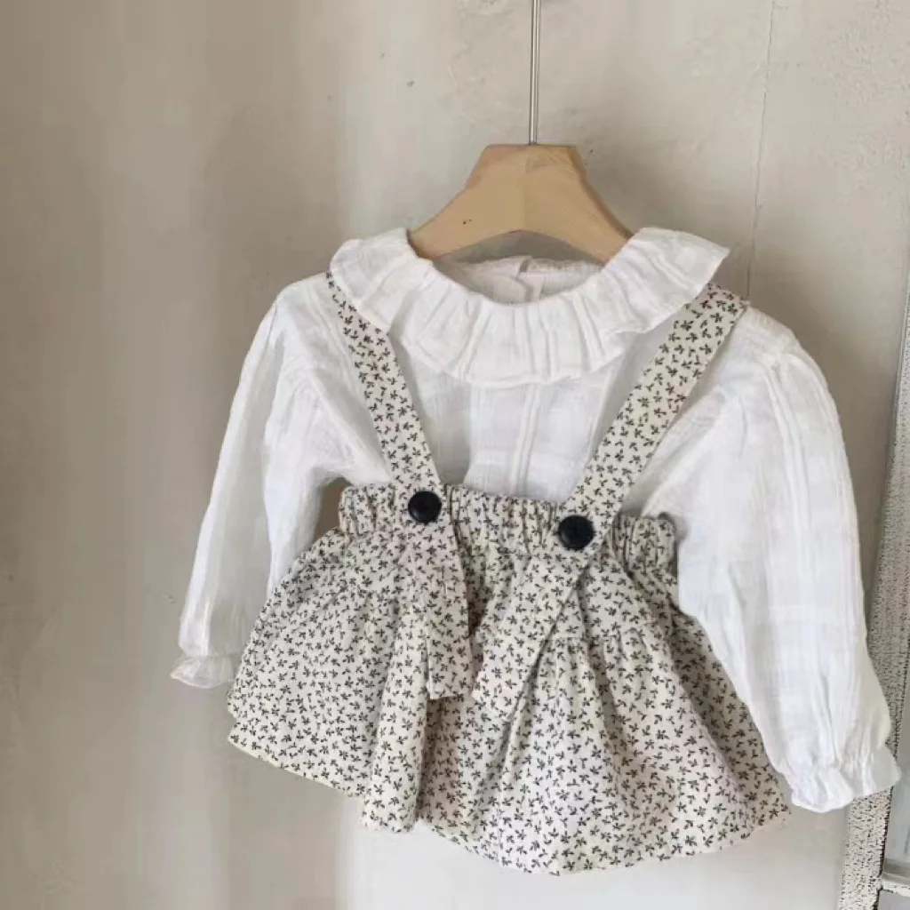 

Autumn New Baby Clothes Set Girls Ruffled Collar Long Sleeve Shirts + Floral Strap Dress 2pcs Suit Children Bodysuit Outfits