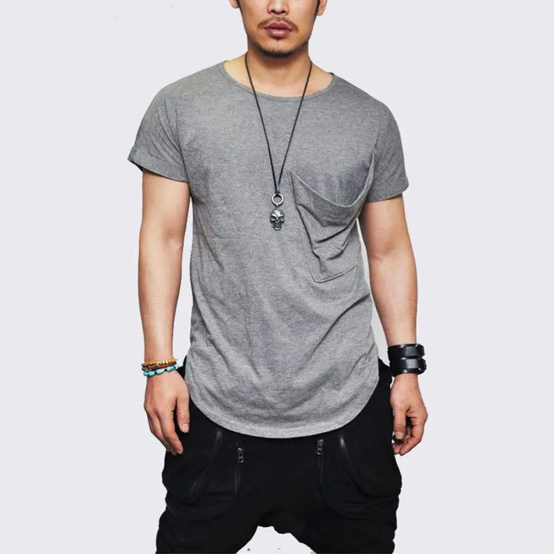 

New Men Big Pocket Short Sleeved T Shirt Longline Curved Hem T-shirt Male Swag Hem Hipster Funny Hip Hop Streetwear Clothing