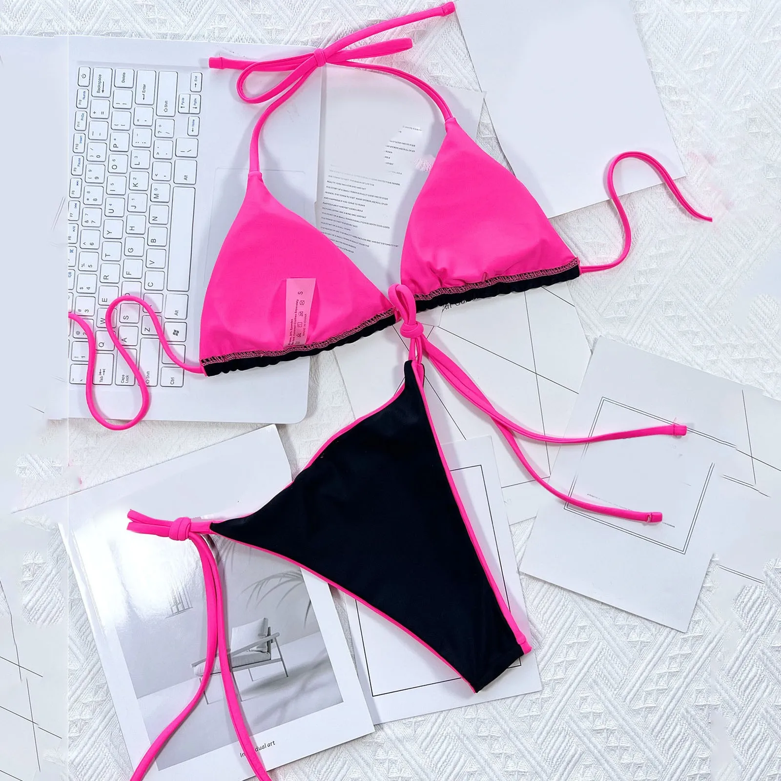 

Комплект бикини женский из двух предметов, стринги, треугольные купальники, пикантный купальный костюм, халтер, бикини, топ с боковыми бокам...