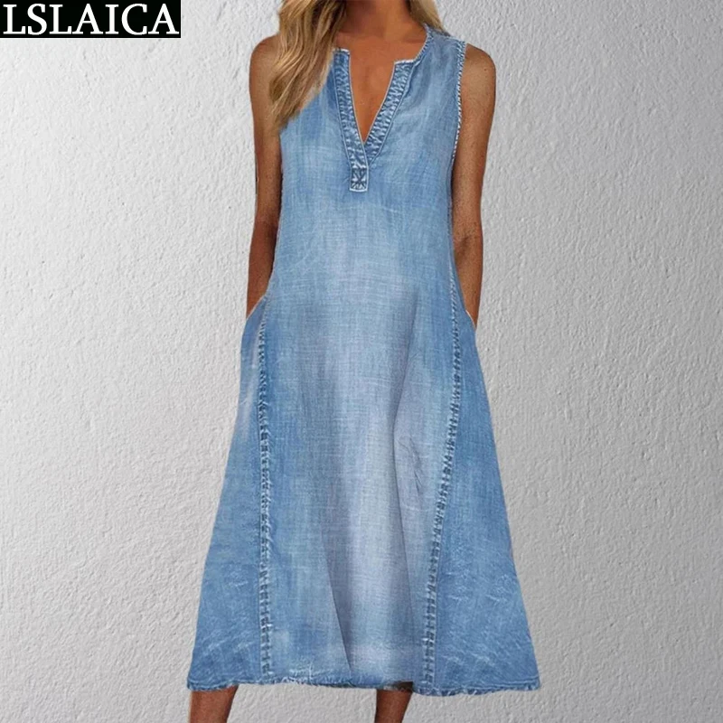 

Dresses for Women Summer 2022 Free Shipping Sleeveless V-neck with Pockets Casual Denim Midi Dress Fashion Streetwear Loose Robe