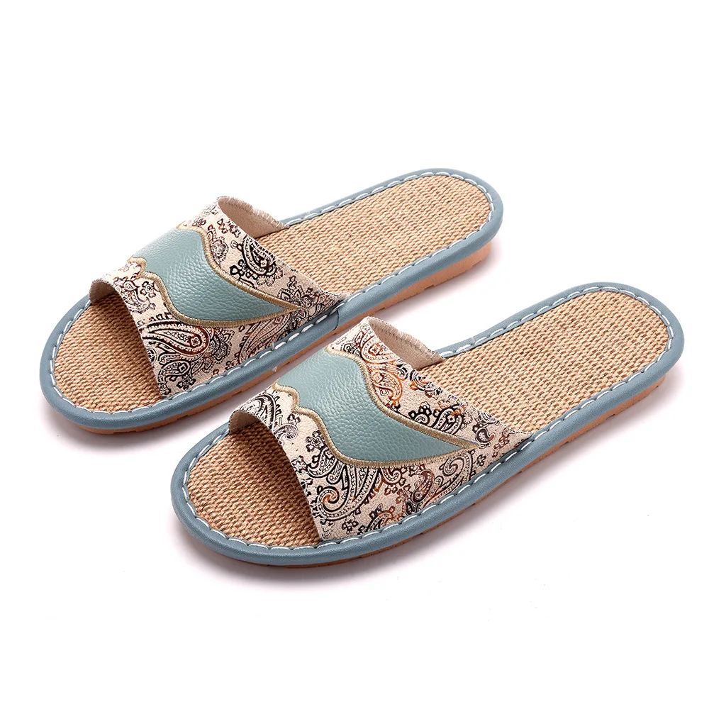 Mntrerm Summer Genuine Leather Linen Couple Home Slippers Indoor Anti Slip Soft Cowhide Slippers For Women Cool Slippers For Men