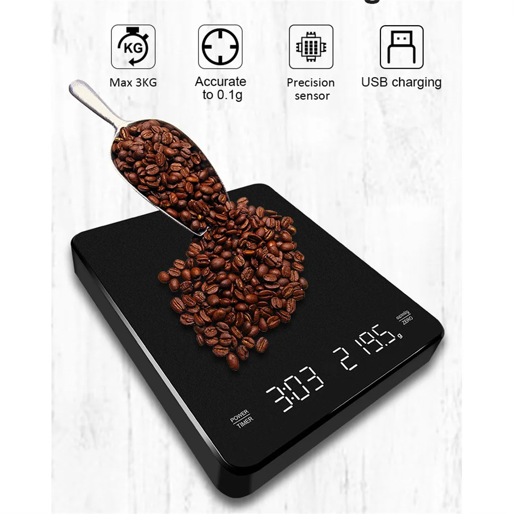

3kg / 0.1g New LED Screen Charging Coffee Scale Timing Hand Brewing Coffee Electronic Scale Household Kitchen Scale Tools