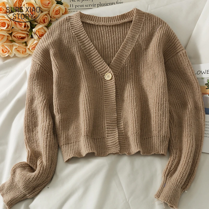 

Женский трикотажный кардиган на пуговицах, повседневный однотонный короткий свитер свободного покроя с V-образным вырезом и длинным рукавом, осень 22764