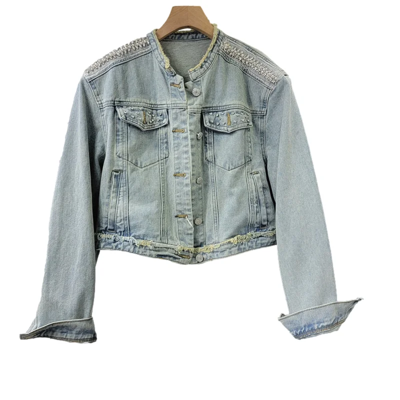 

Vintage Wash Blue Frayed Denim Jacket Women Slim Short Cowboy Outerwear Korean Stand Collar Diamonds Pocket Jeans Jacket Female