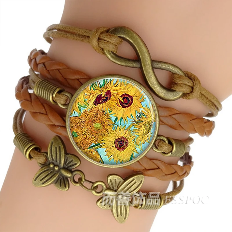 

Fashion Van Gogh Sunflowers Flower Woven Copper Bracelet Handmade Infinity Leather Charm Glass Dome Bracelets for Man Women Gift