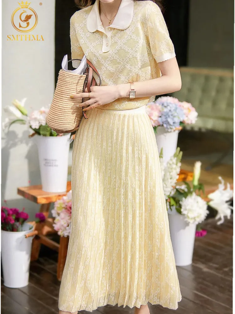 SMTHMA 2022 New Women's Yellow Doll Collar Summer Elastic Waist Two-Piece Pleated Skirt Sets Ladies Short Sleeve Print Top Suit
