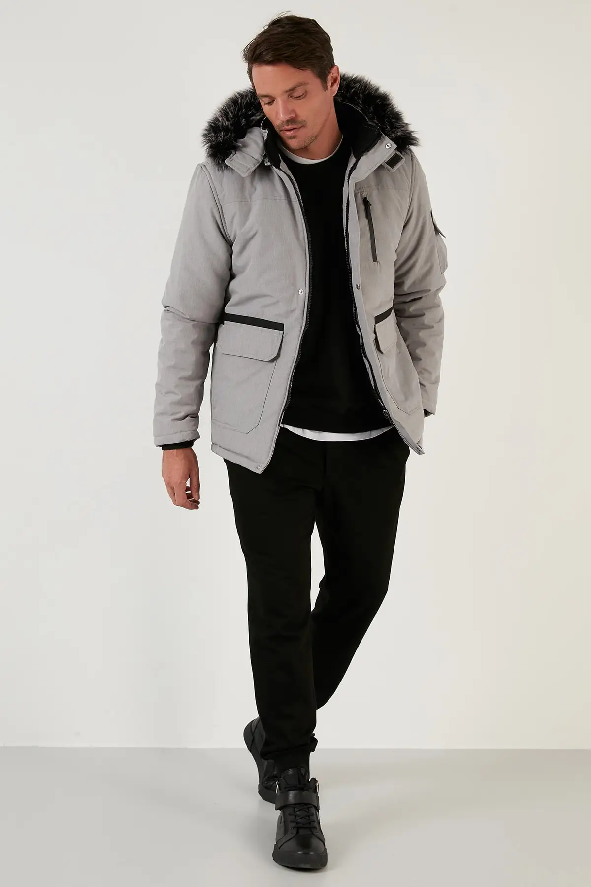 Cotton Plusus Lined Collar Hairy Detachable Hooded Slim Fit Coat 5711051
