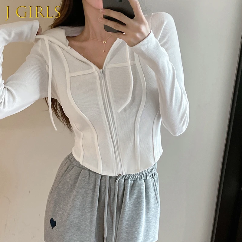 

Long Sleeve T-shirts Women Hooded Slim Crop Top Workout Solid Spring Students All-match Leisure Ulzzang Chic Soft Simple Femme