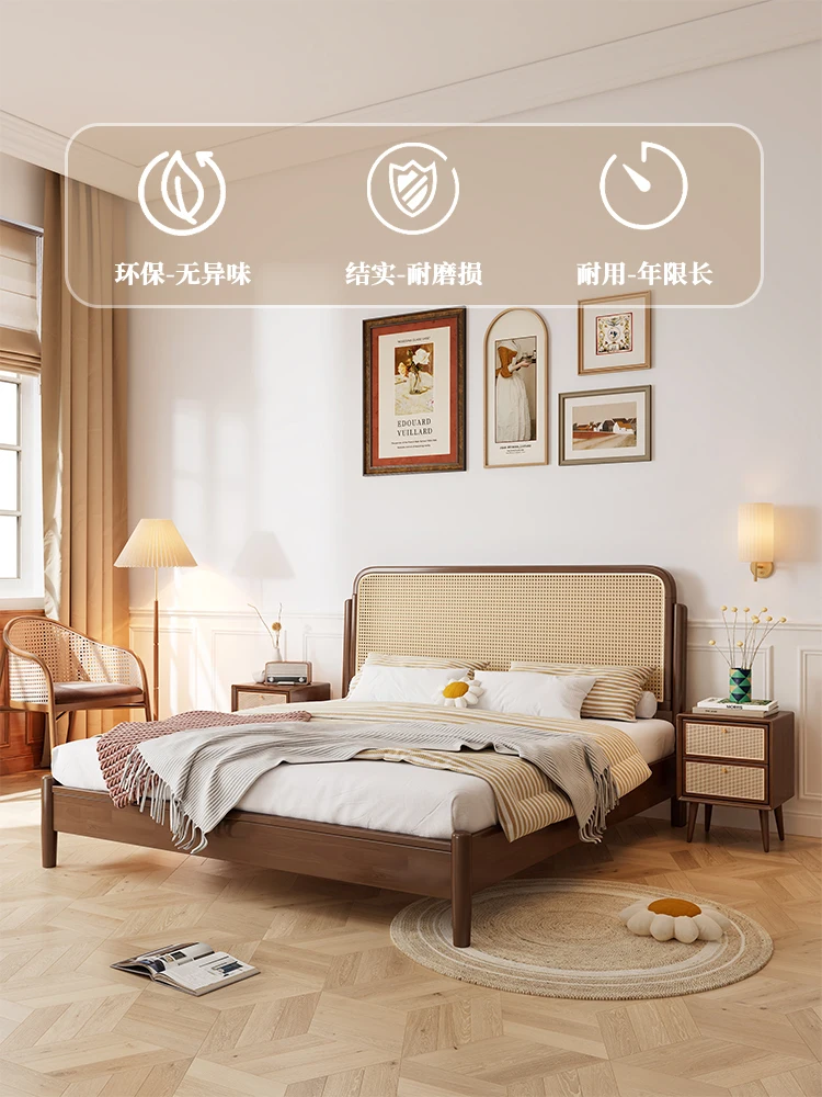 

Vine woven solid wood bed modern minimalist 1.5m single rattan bed 1.8m double Nordic retro Japanese B&B furniture
