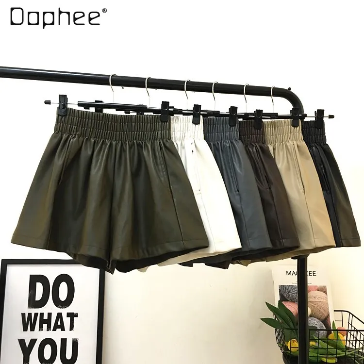 

High Waist Leather Shorts Women 2022 Autumn Winter Oversize A- Line Wide Leg Shorts Outerwear Fashion All-Matching Short Pants