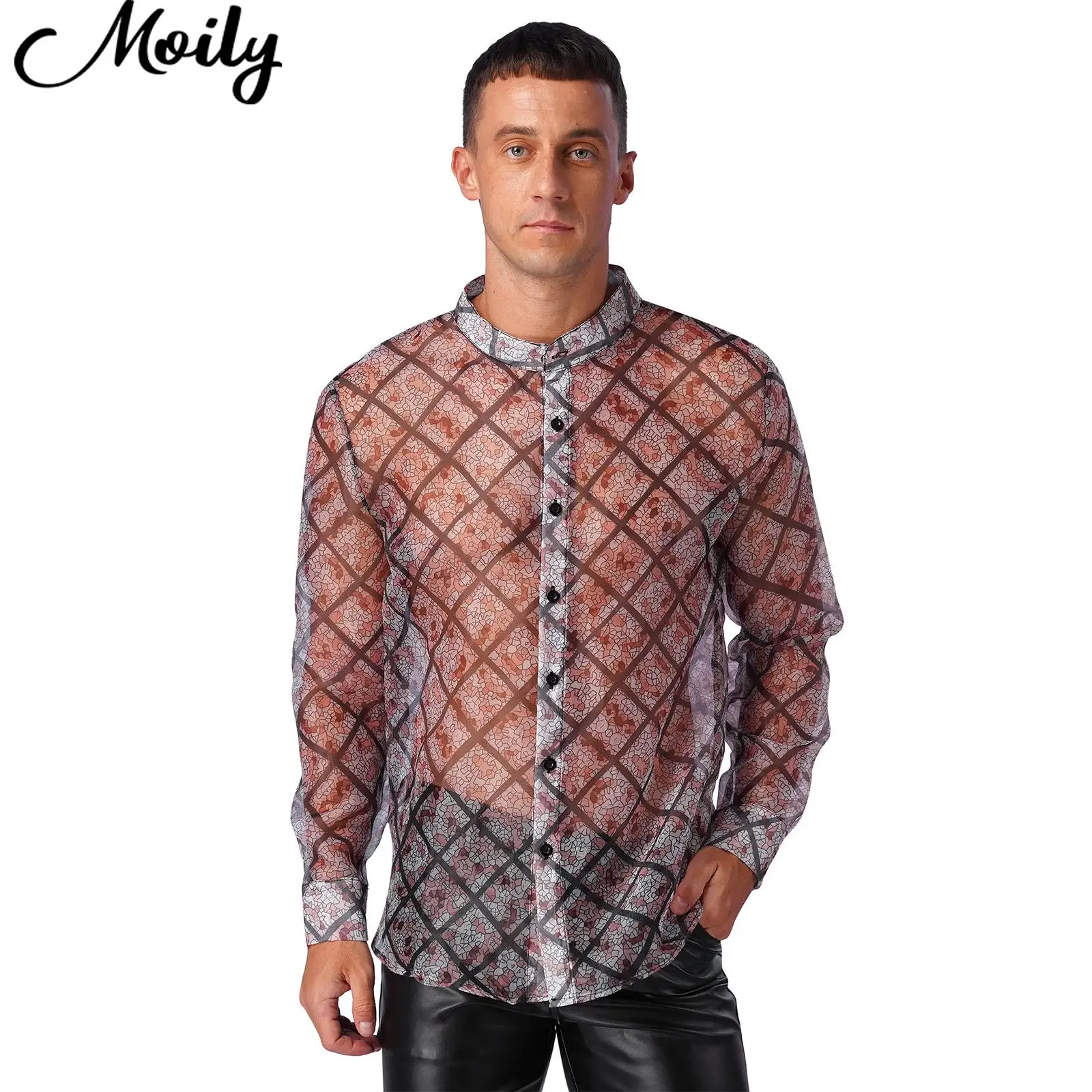 

Mens Beach Casual Shirt Floral Print See-Through Shirt Long Sleeve Button Up Mesh Shirt Beach Pool Party Nightclub Hawaiian