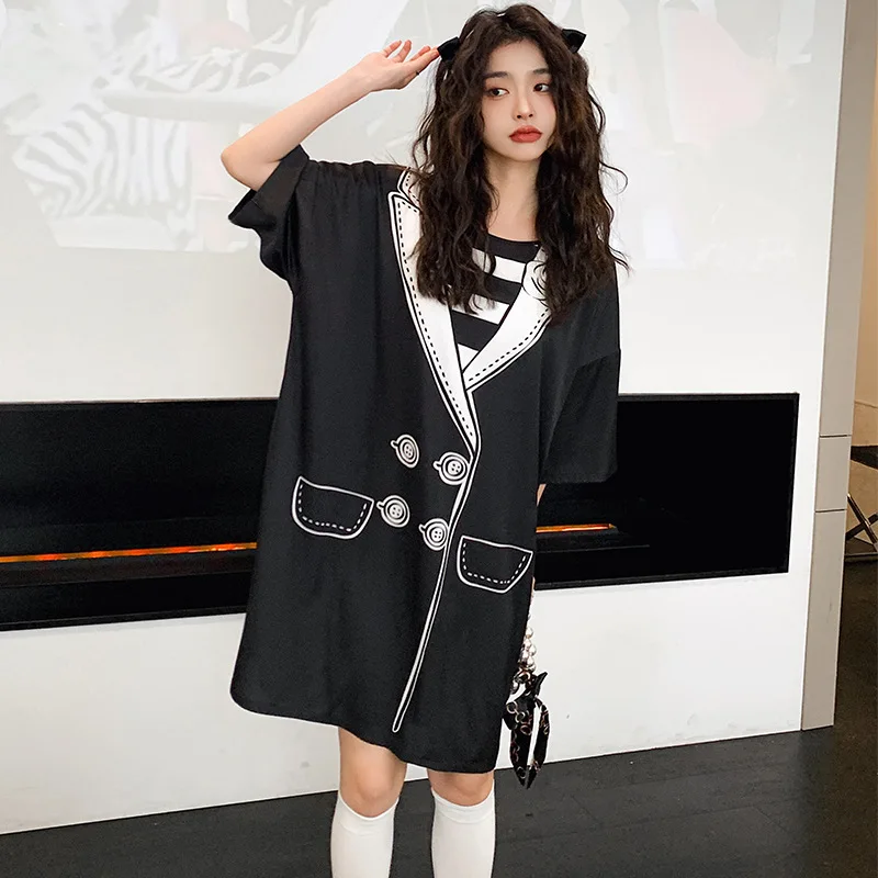 Loose Stain Pajamas for Women Nightwear Silk Nightgown Round Neck Cute Cartoon Home Clothes Nightdress Sleepwear Vestidos Mujer